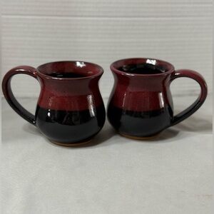 Handmade Ceramic Mugs Cups Always Azul Pottery Red on Black Drip Glaze  Set of 2
